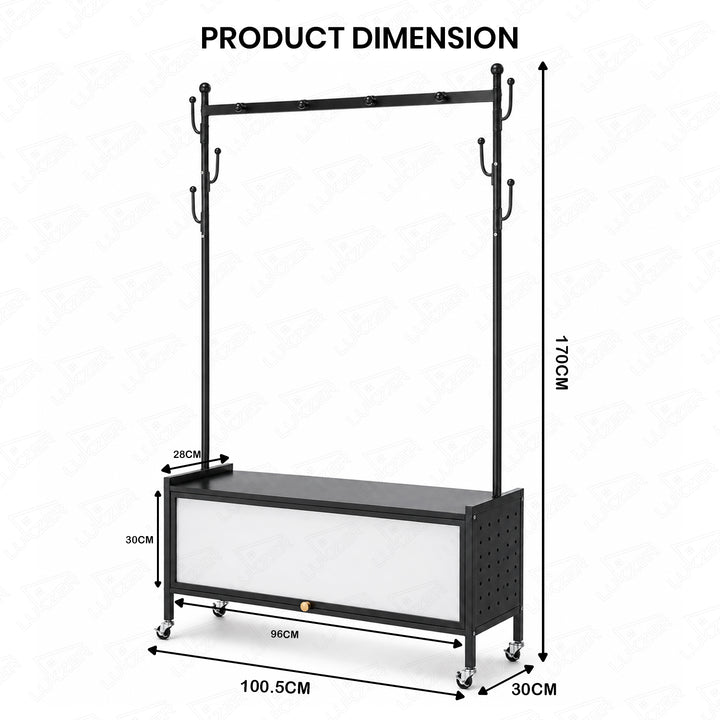 Lukzer Metal Garment Rack with Dust-Proof Storage Shelf & Multiple Hooks (Black)