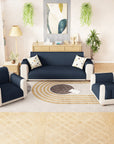 Lukzer Quilted Stipple Blue Sofa Cover Mat with Storage Side Pocket | 350 GSM Polyester Blend Full Coverage with Arms & Back Belt | Machine Washable Sofa Runner.