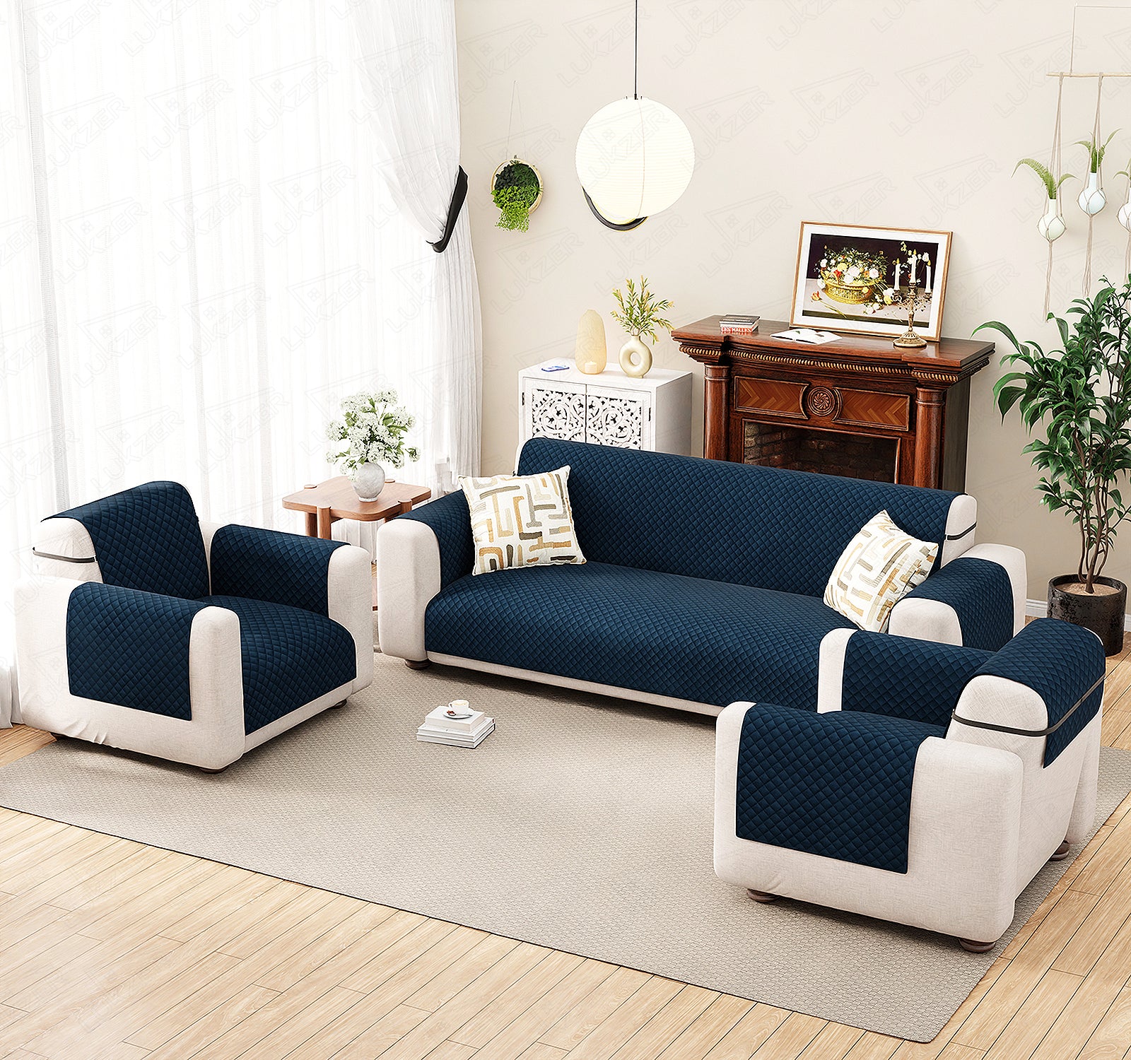 Lukzer Quilted Velvet Sofa Mat | 200 GSM Soft Washable &amp; Removable Couch Protector | Anti-Slip Elastic Strap Cover for Living Room, Pet &amp; Spill Protection