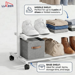 Lukzer Single Rod Metal Garment Rack with Wheels & 2 Bottom Shelves (White)