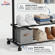Lukzer Single Rod Metal Garment Rack with Wheels & 2 Bottom Shelves (Black)