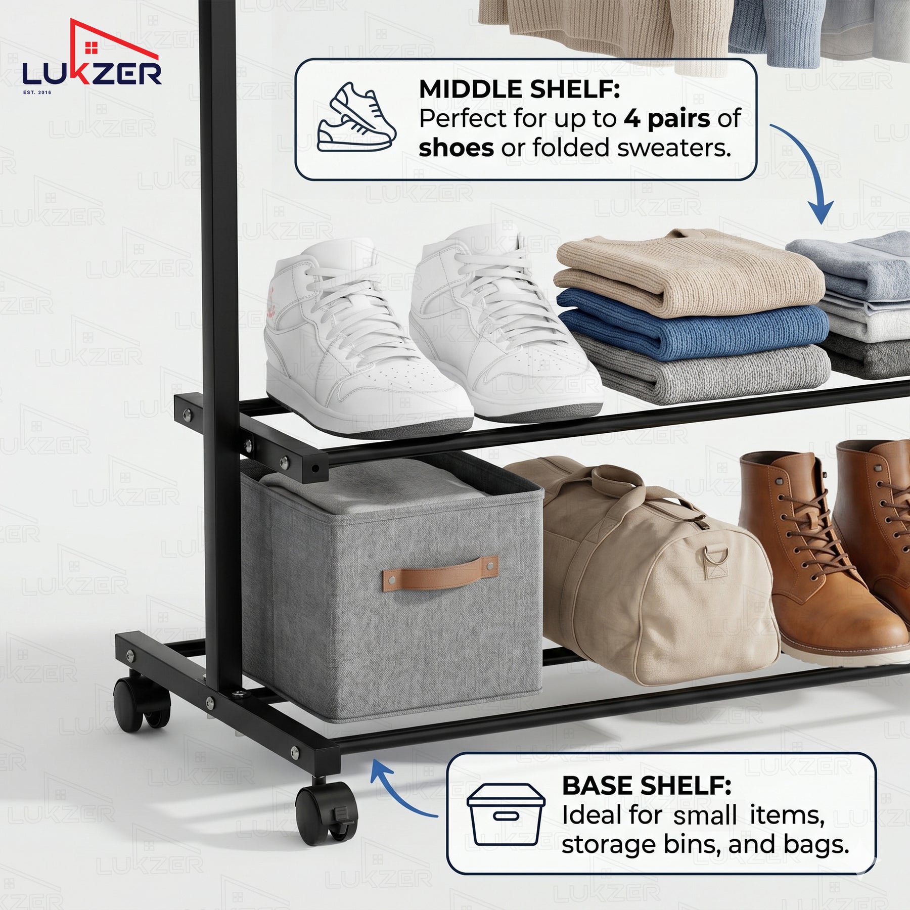 Lukzer Single Rod Metal Garment Rack with Wheels & 2 Bottom Shelves (Black)
