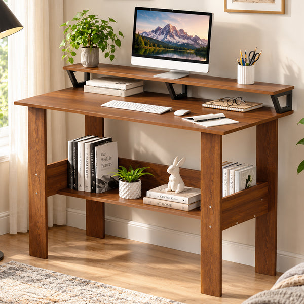 Lukzer Study Table with Monitor Riser & Open Book Shelf (MST-004/Oak Brown)