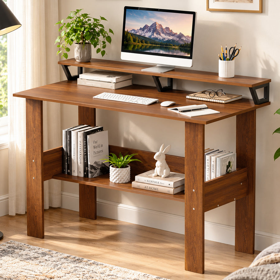 Lukzer Study Table with Monitor Riser & Open Book Shelf (MST-004/Oak Brown)