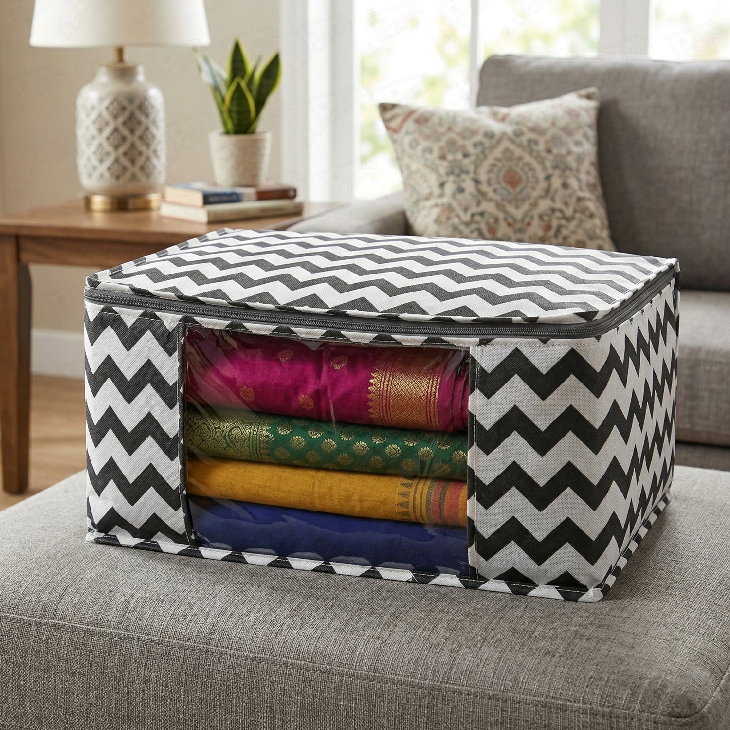Lukzer 6 Pcs Zigzag Printed Large Size with Zip Closure & Mesh Window Saree Covers (Non-Woven)