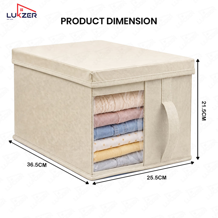 Lukzer 20 Liters Foldable Non-Woven Storage Box/Wardrobe Organizer with Lid - 3PC/Beige