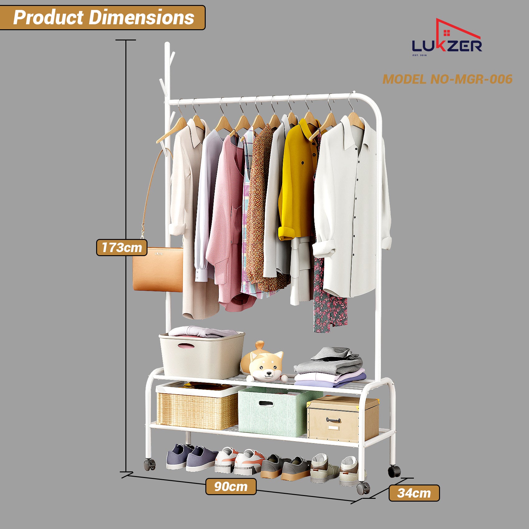 Lukzer Multipurpose Single Pole Metal Garment Rack with Wheels &amp; 2 Bottom Shelves - (MGR-006) (White, Gold, Grey, Pink, Deep Sea, Black)