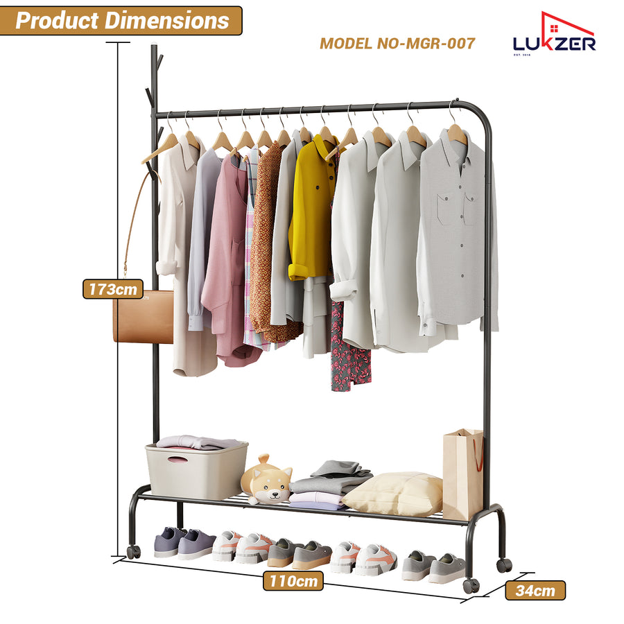 Lukzer Single Pole Portable Metal Garment Rack with Bottom Shelf (MGR-007/Black)