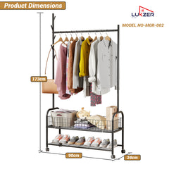 Lukzer Heavy-Duty Portable Metal Clothes Rack with Single Rod & Bottom Shelf (MGR-001/Black)