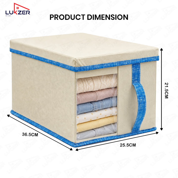 Lukzer 20 Liters Foldable Non-Woven Storage Box/Wardrobe Organizer with Lid - 1PC/Beige & Blue