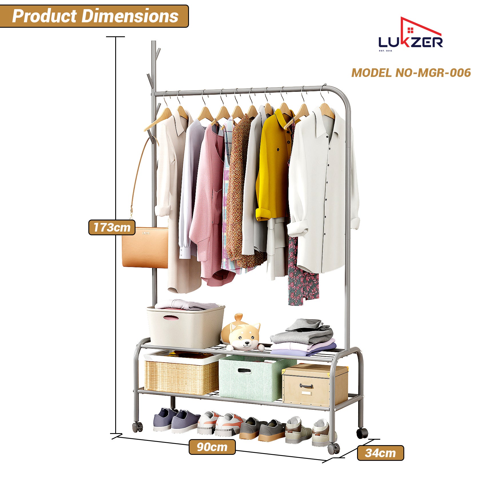 Lukzer Multipurpose Single Pole Metal Garment Rack with Wheels &amp; 2 Bottom Shelves - (MGR-006) (White, Gold, Grey, Pink, Deep Sea, Black)