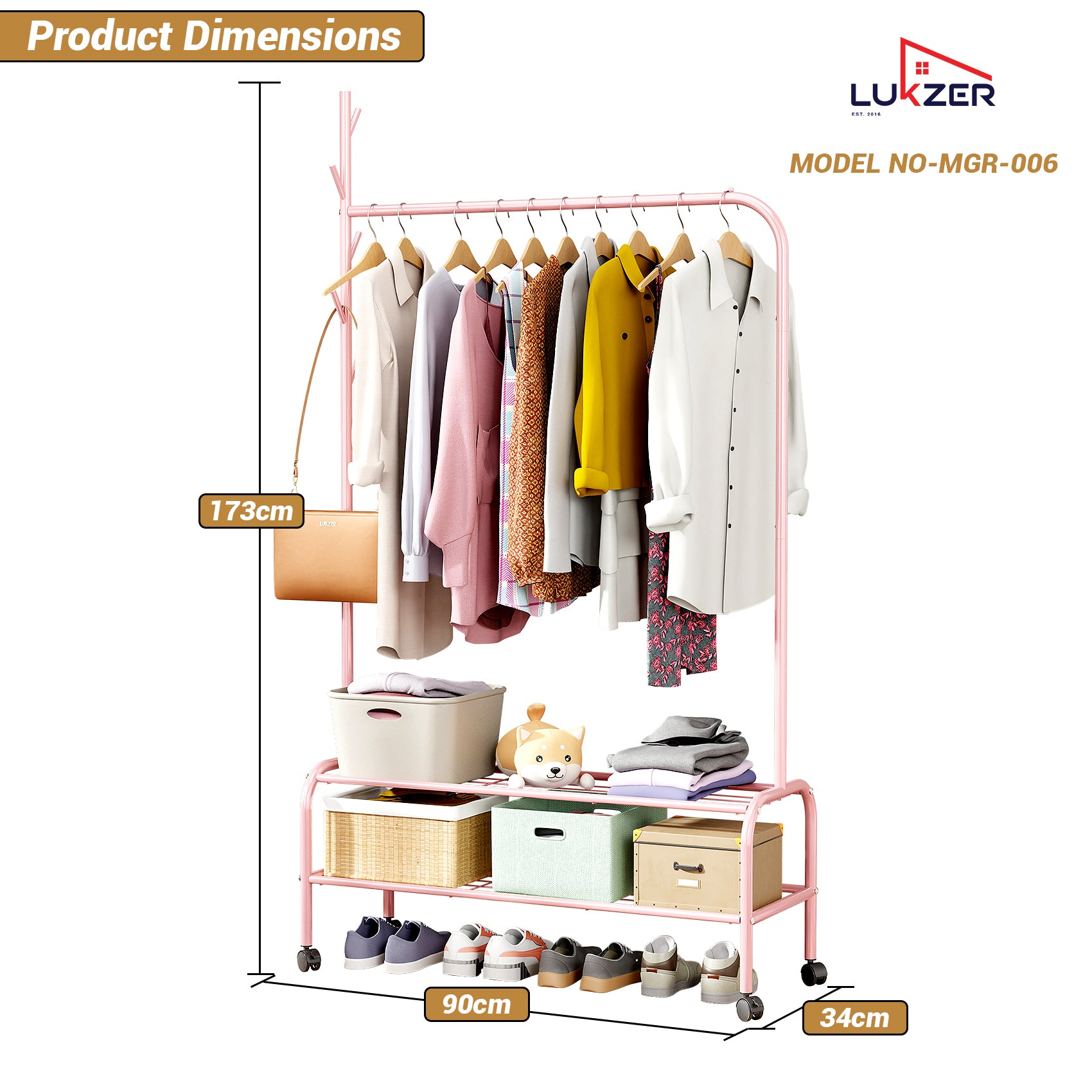 Lukzer Multipurpose Single Pole Metal Garment Rack with Wheels &amp; 2 Bottom Shelves - (MGR-006) (White, Gold, Grey, Pink, Deep Sea, Black)