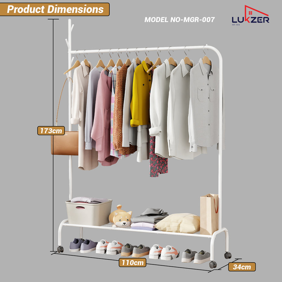 Lukzer Single Pole Portable Metal Garment Rack with Bottom Shelf (MGR-007/White)