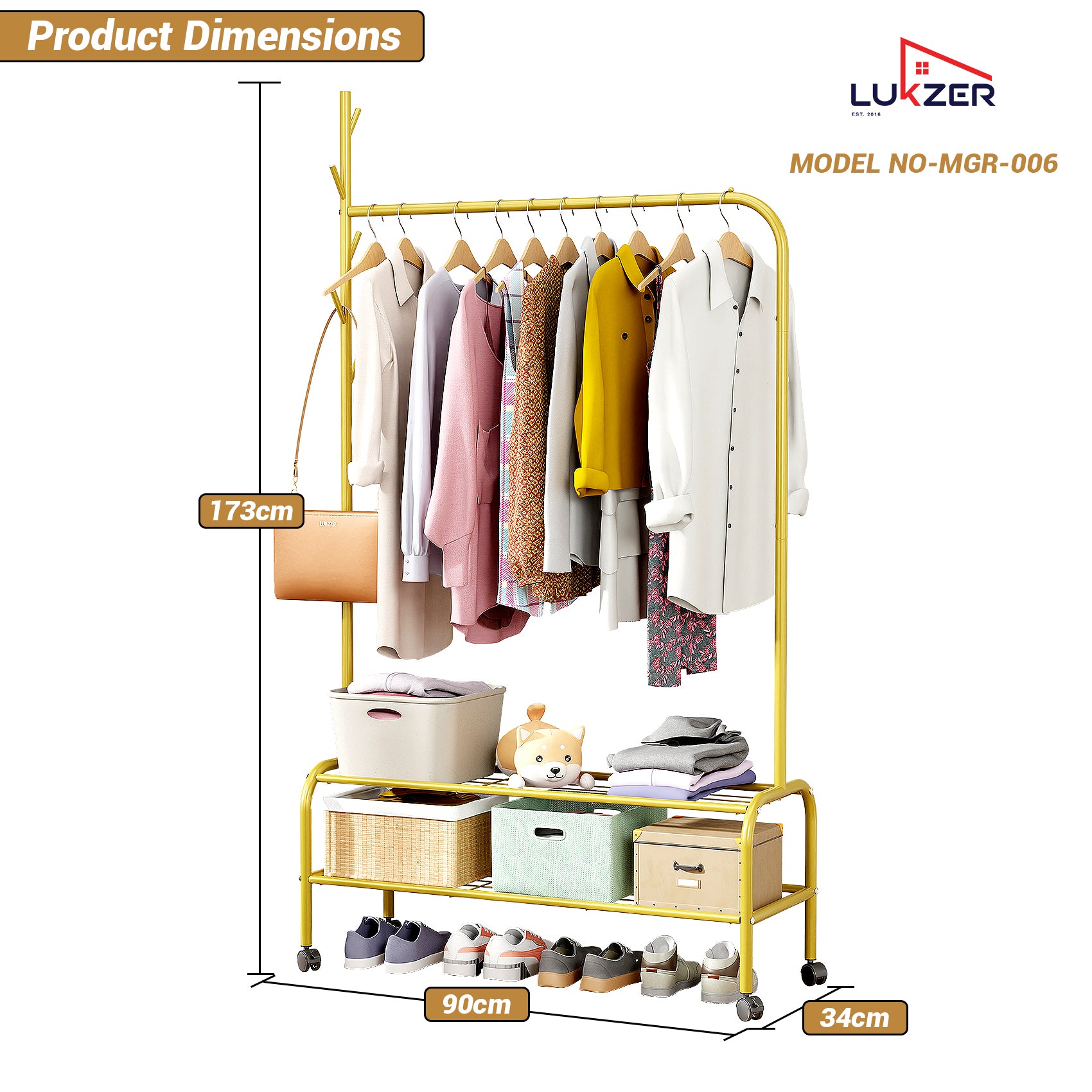 Lukzer Multipurpose Single Pole Metal Garment Rack with Wheels &amp; 2 Bottom Shelves - (MGR-006) (White, Gold, Grey, Pink, Deep Sea, Black)