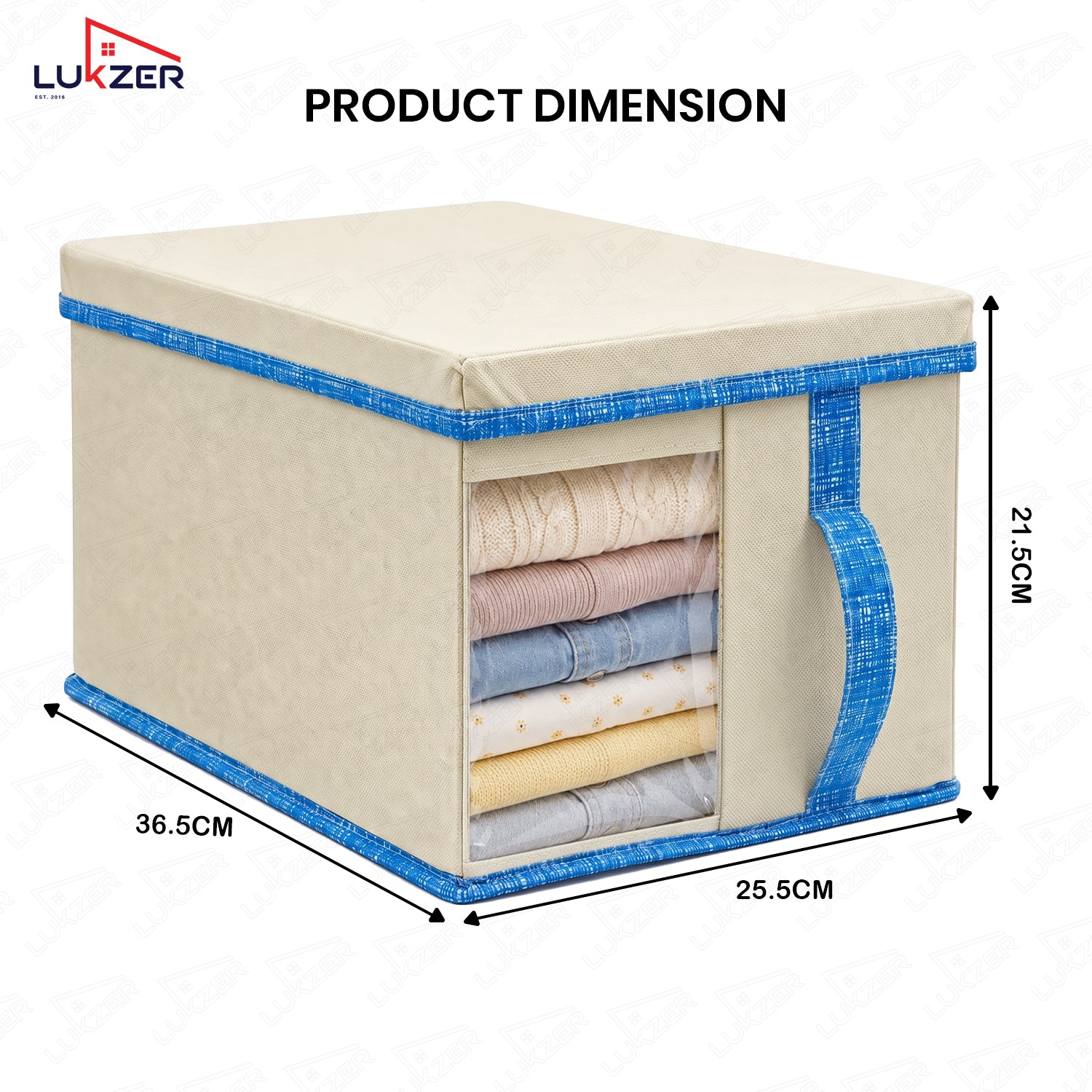 Lukzer 20 Liters Foldable Non-Woven Storage Box/Wardrobe Organizer with Lid - 4PC/Beige & Blue