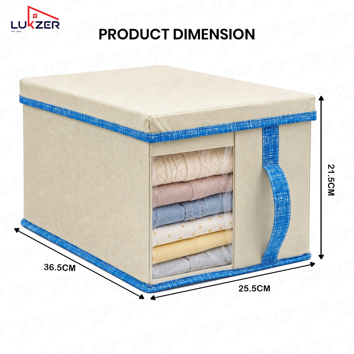 Lukzer 20 Liters Foldable Non-Woven Storage Box/Wardrobe Organizer with Lid - 4PC/Beige & Blue