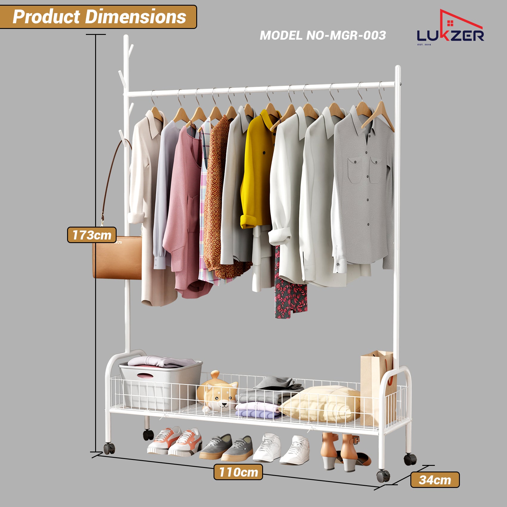 Lukzer Single Rod Garment Rack with Bottom Shelf | Cloth Organizer for Hanging Kurtas, Jackets, Bags in Bedroom, Office, Hostel &amp; More (MGR-003)