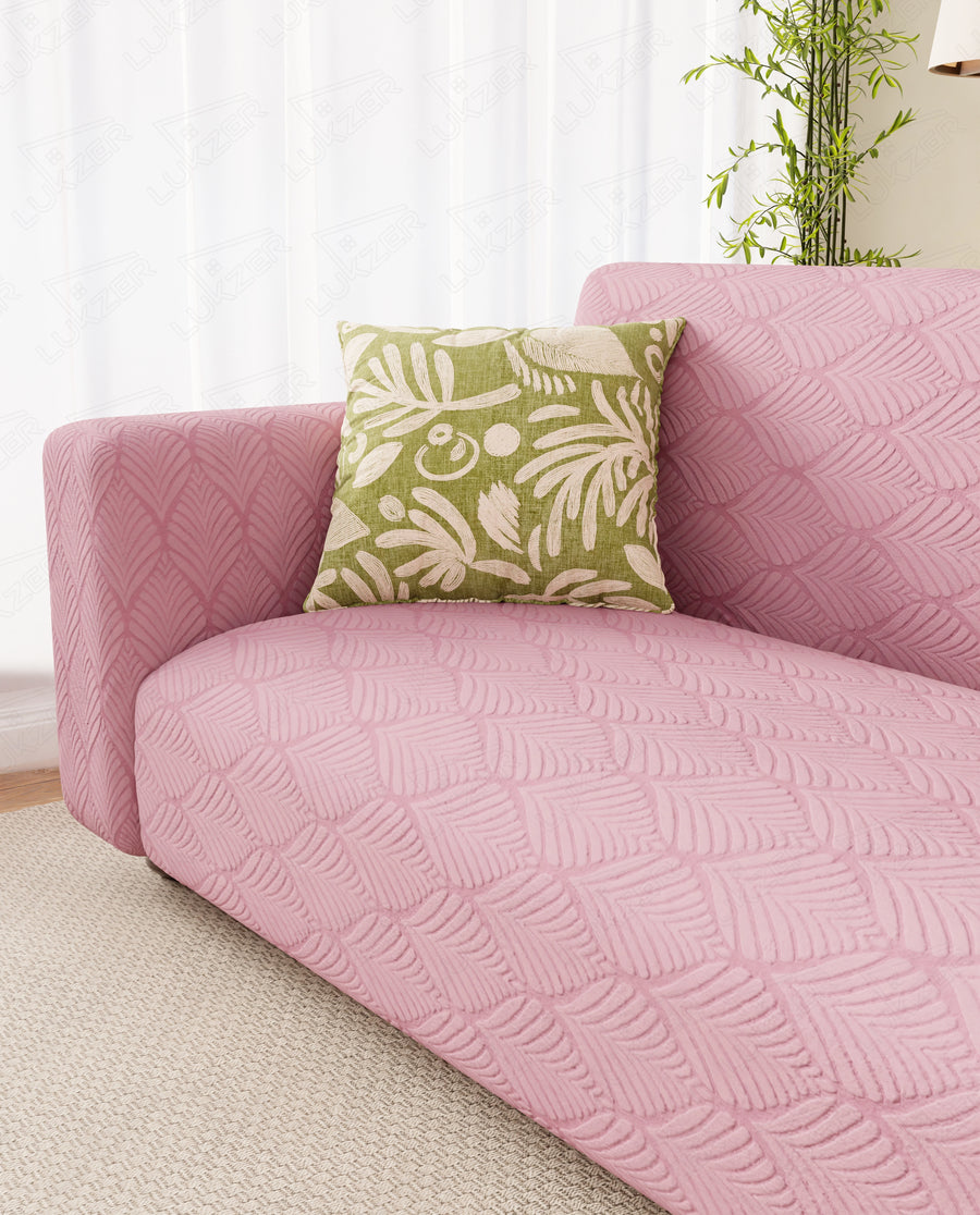 Lukzer Pastel Shades Textured Sofa Cover -  Pink Leaf Trail  (SC-129-01)
