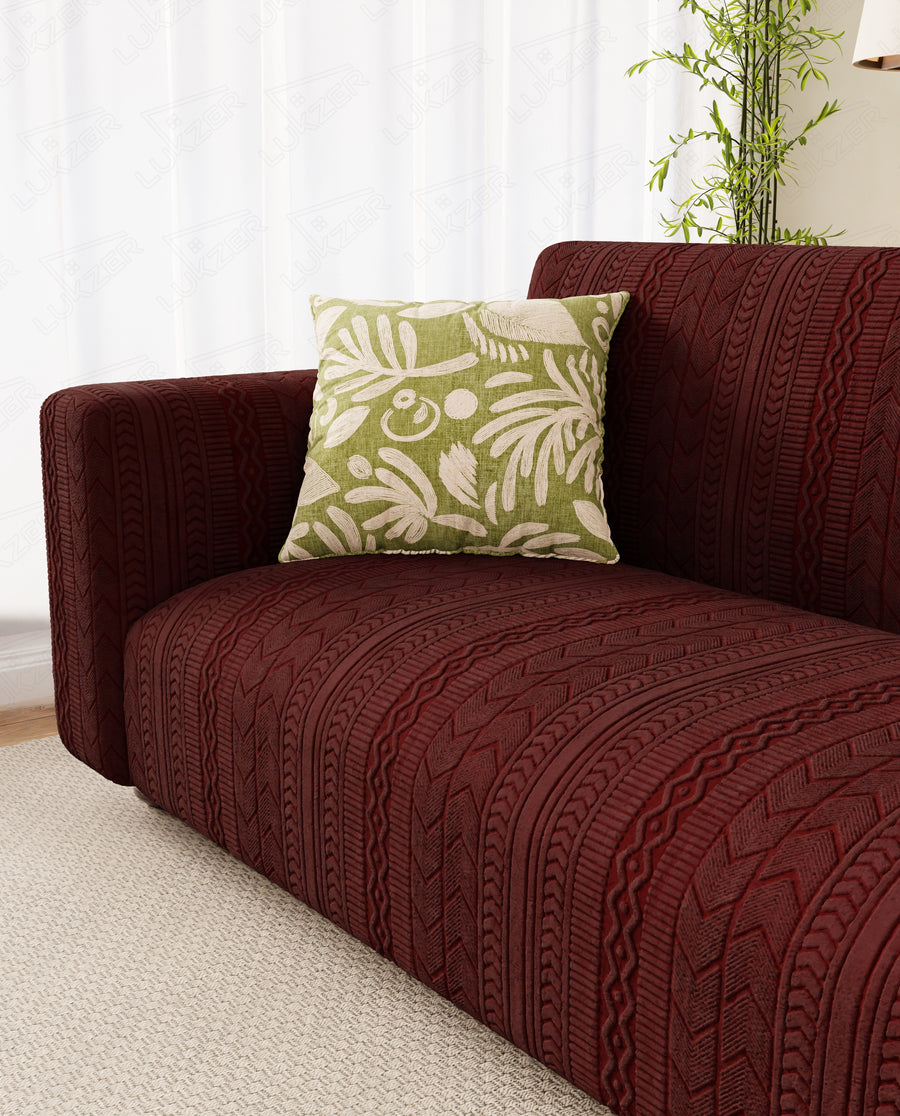 Lukzer Pastel Shades Textured Sofa Cover - Deep Maroon Zigzag (SC-138-01)