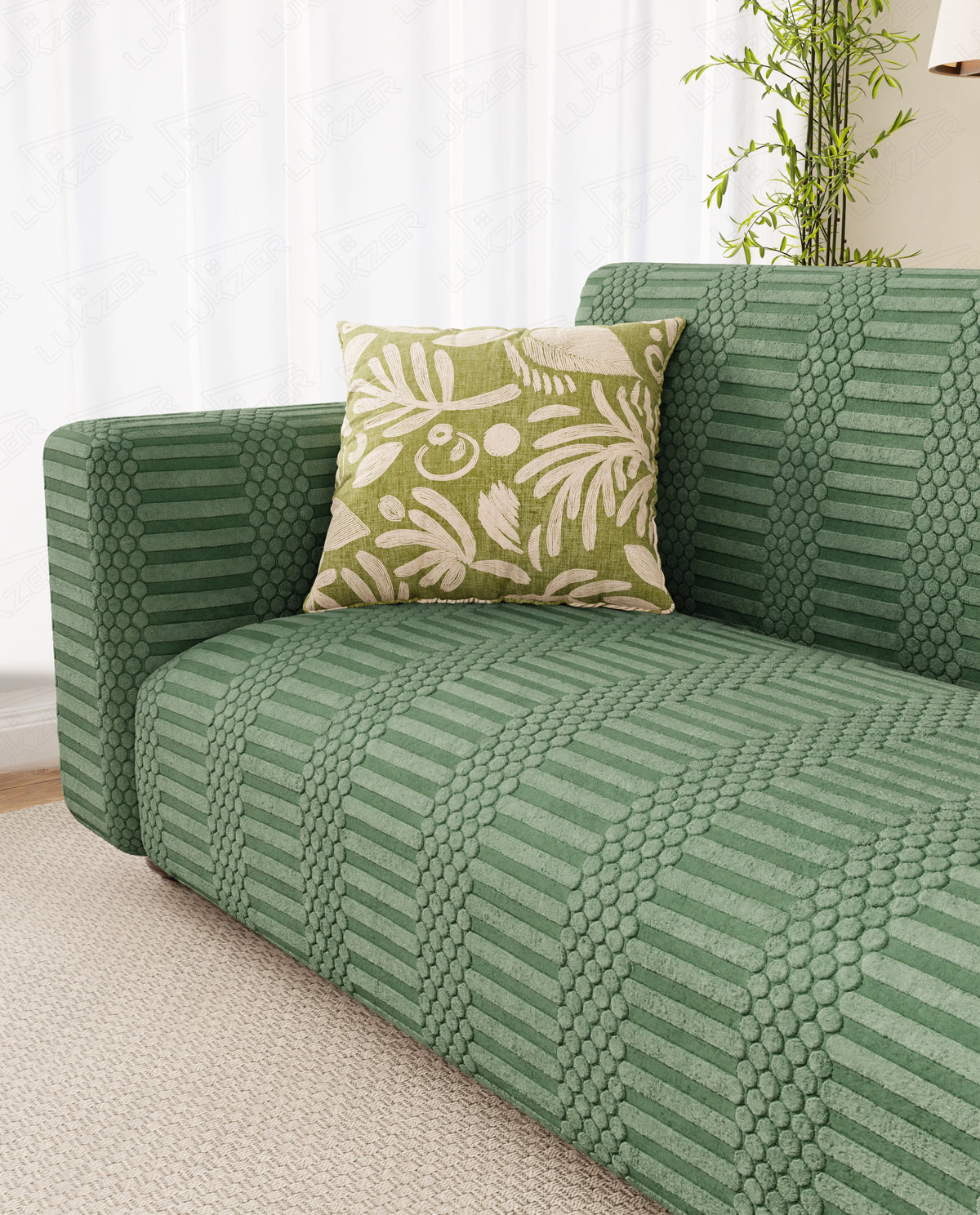 Lukzer Pastel Shades Textured Sofa Cover - Green Dotted Stripe (SC-066-01)