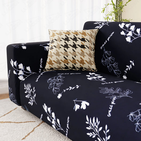 Lukzer Polyester Sofa Cover - Black with White Flower (SC-002-01)
