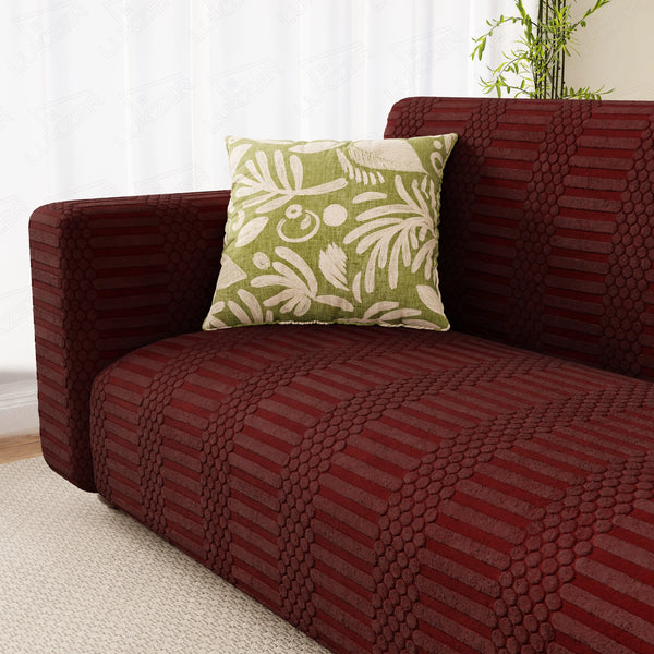 Lukzer Pastel Shades Textured Sofa Cover - Deep Maroon Dotted Stripe (SC-132-01)