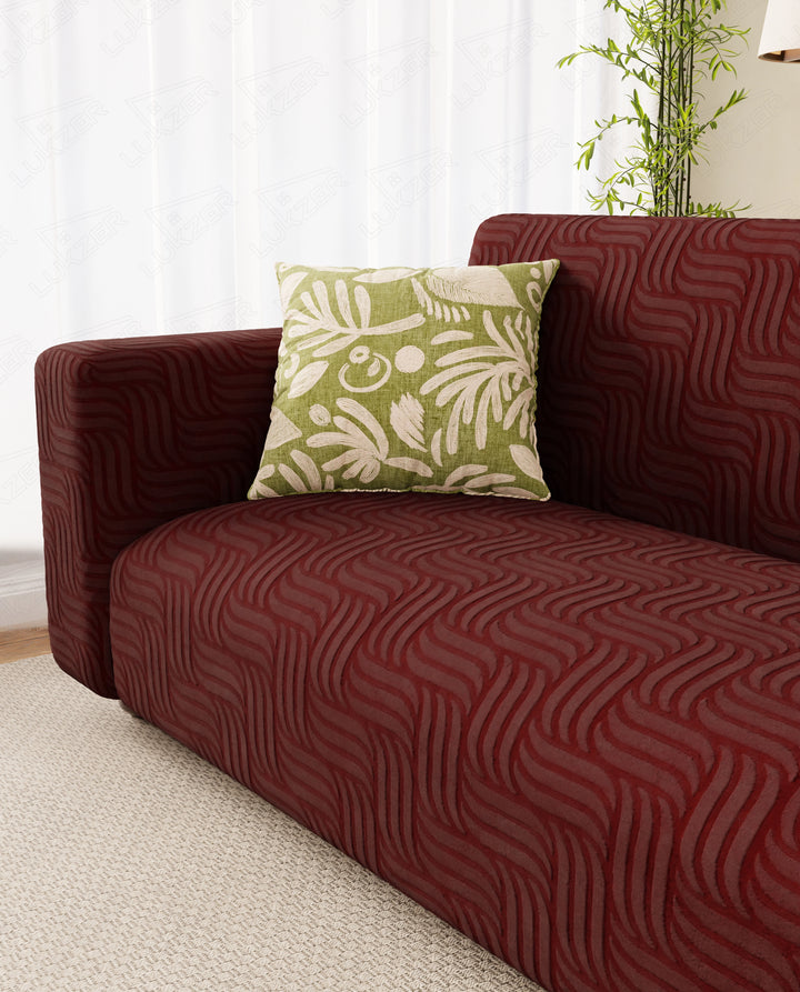 Lukzer Pastel Shades Textured Sofa Cover -  Deep Maroon Ripple Lines (SC-165-01)