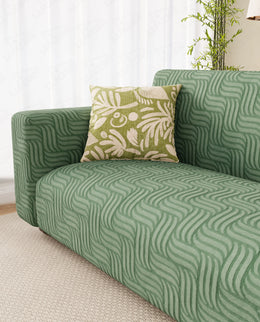 Lukzer Pastel Shades Textured Sofa Cover -  Green Ripple Lines (SC-160-01)