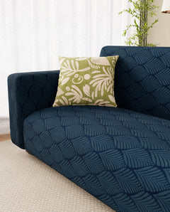 Lukzer Pastel Shades Textured Sofa Cover -  Marine Blue Leaf Trail (SC-131-01)