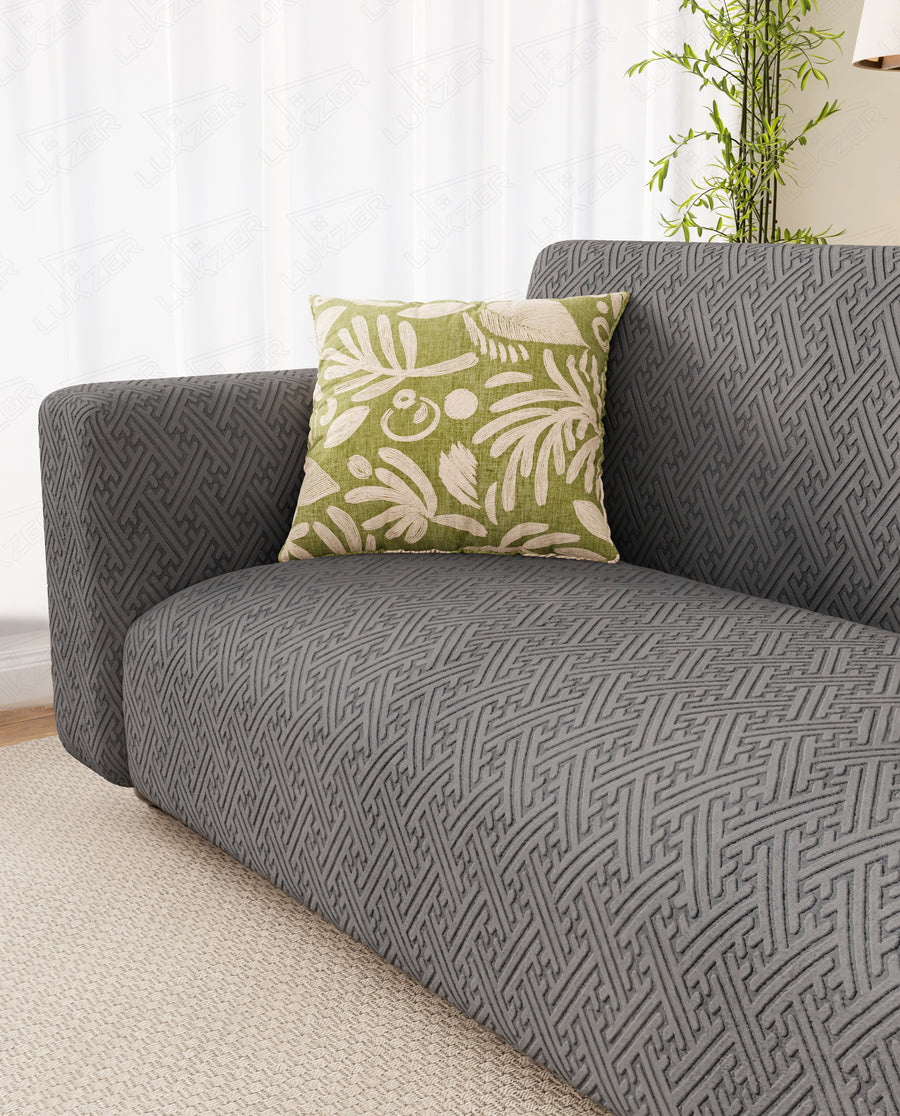 Lukzer Pastel Shades Textured Sofa Cover Dark Grey Grid Maze (SC-104-01)