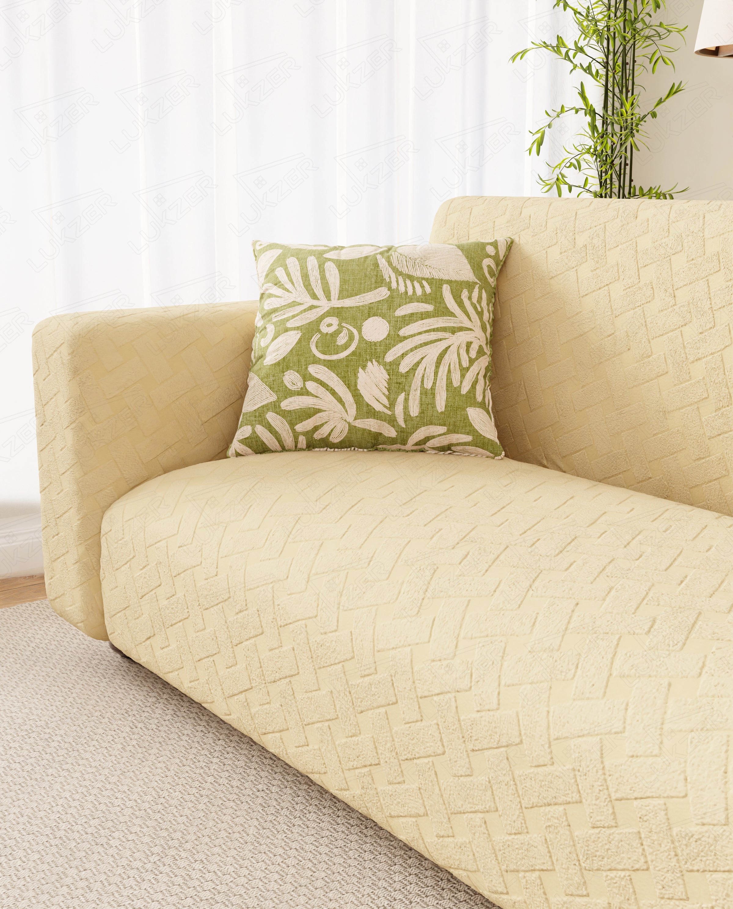 Lukzer Pastel Shades Textured Sofa Cover - Yellow Basket Weave (SC-112-01)