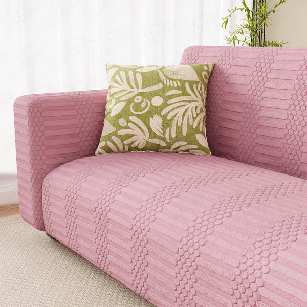 Lukzer Pastel Shades Textured Sofa Cover - Pink Dotted Stripe (SC-068-01)