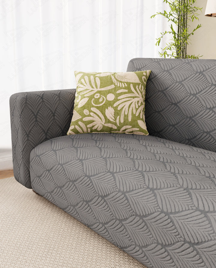 Lukzer Pastel Shades Textured Sofa Cover -  Dark Grey Leaf Trail (SC-125-01)