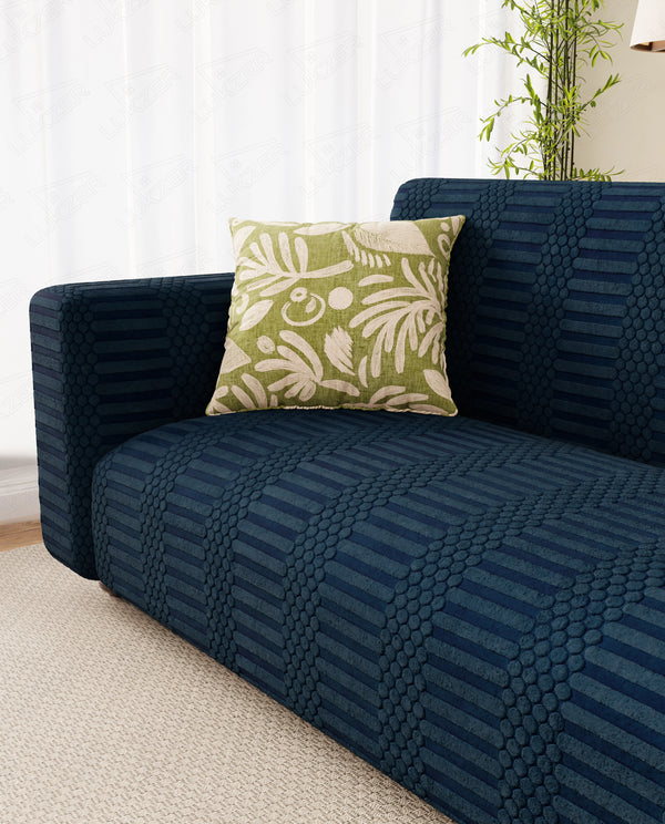 Lukzer Pastel Shades Textured Sofa Cover - Marine Blue Dotted Stripe (SC-134-01)