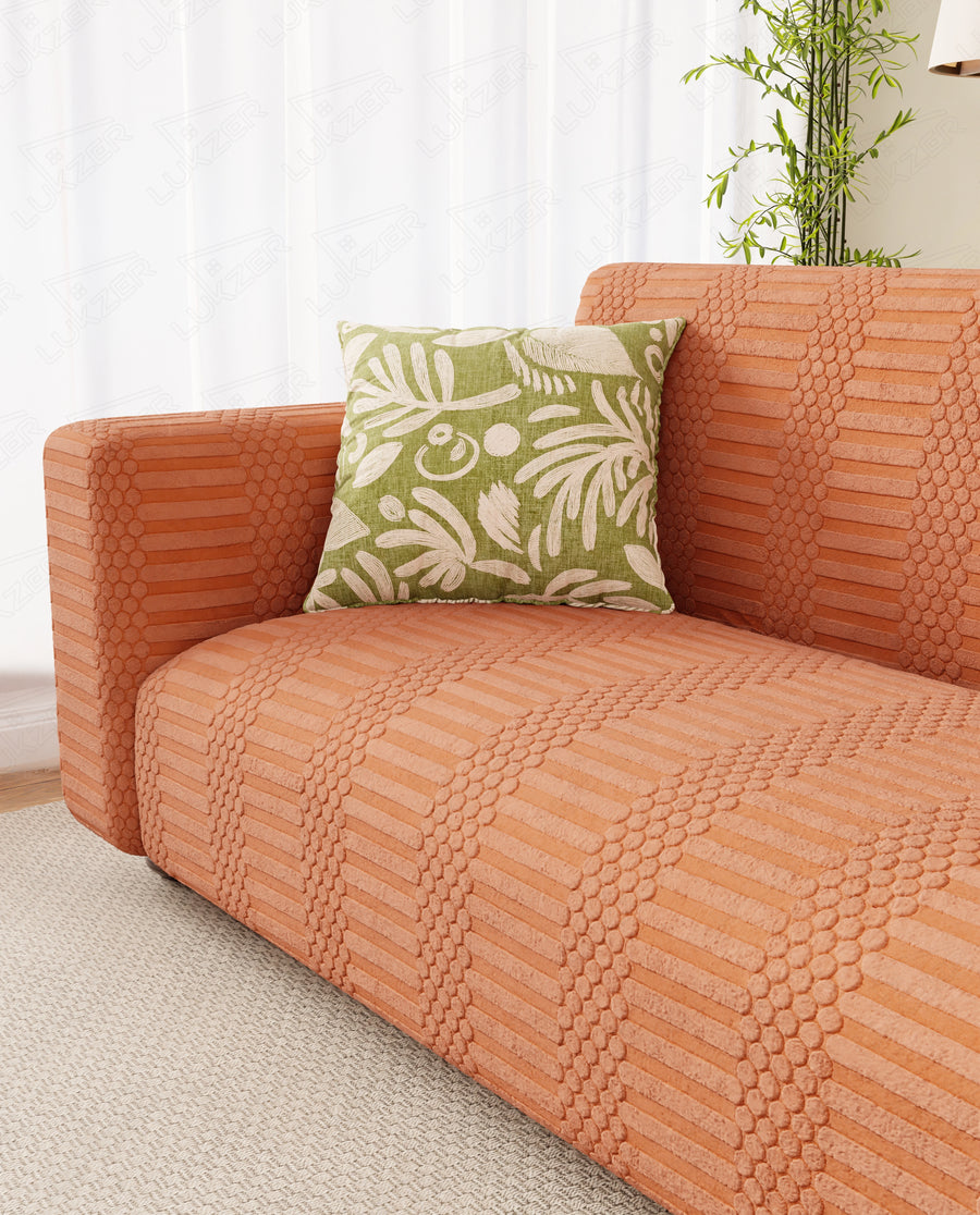 Lukzer Pastel Shades Textured Sofa Cover - Orange Dotted Stripe (SC-069-01)