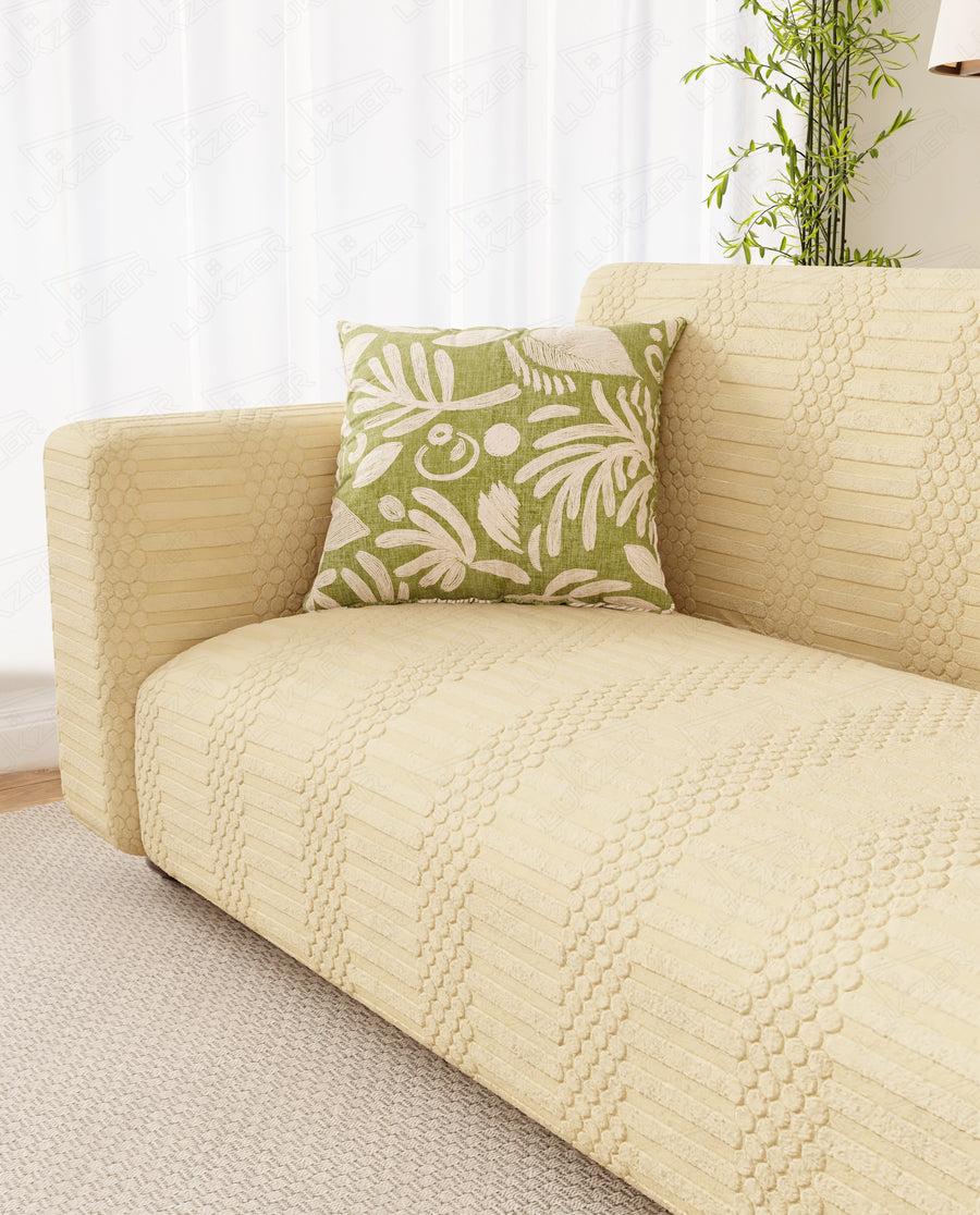 Lukzer Pastel Shades Textured Sofa Cover - Yellow Dotted Stripe (SC-070-01)