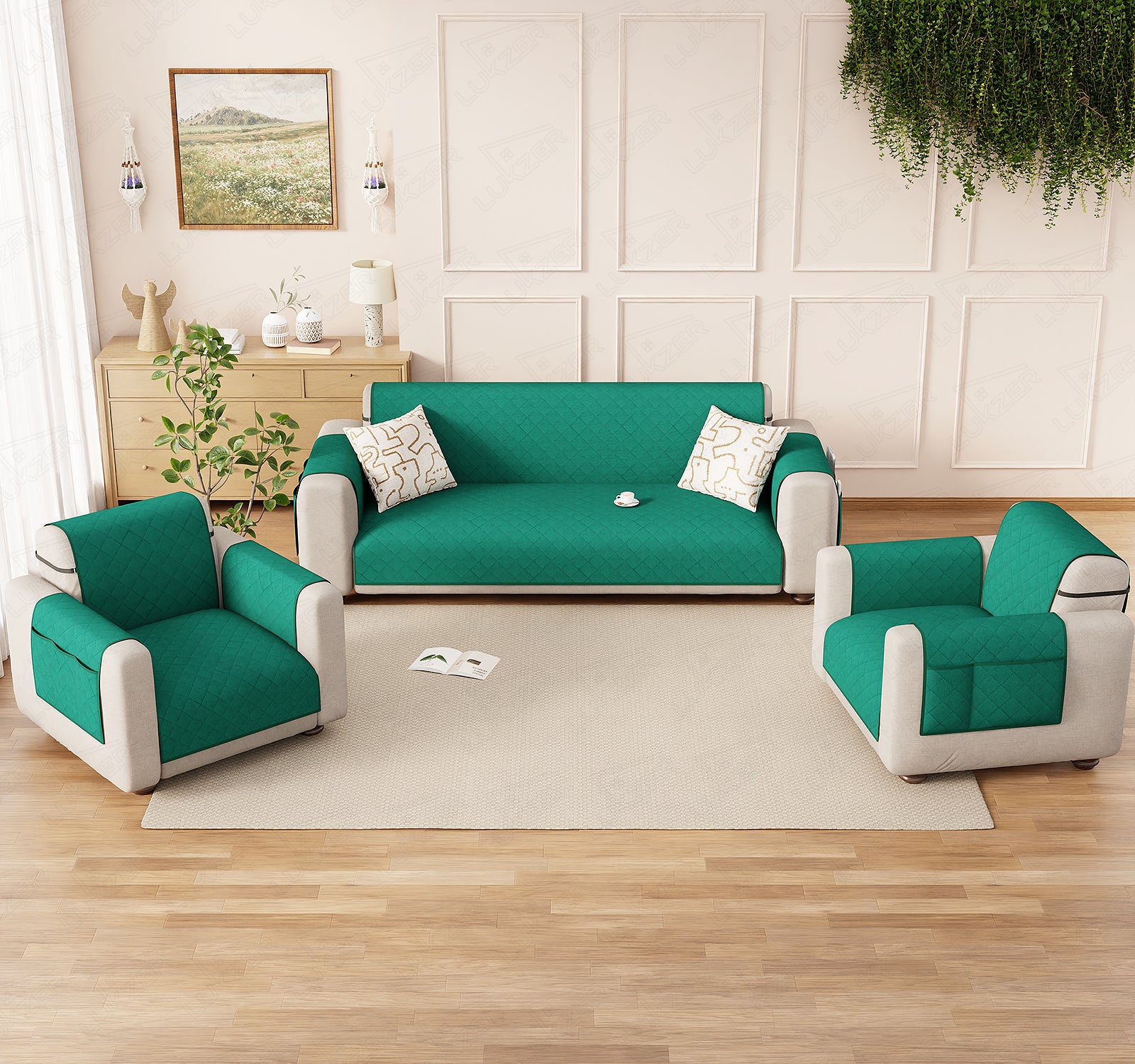 Lukzer Polyester Blend Quilted Sofa Cover Mat (350 GSM)| Full Coverage with Arms &amp; Back Belt | Machine Washable Sofa Runner with Storage Side Pocket