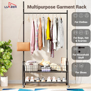 Lukzer Heavy-Duty Portable Metal Clothes Rack with Single Rod & Bottom Shelf (MGR-001/Black)