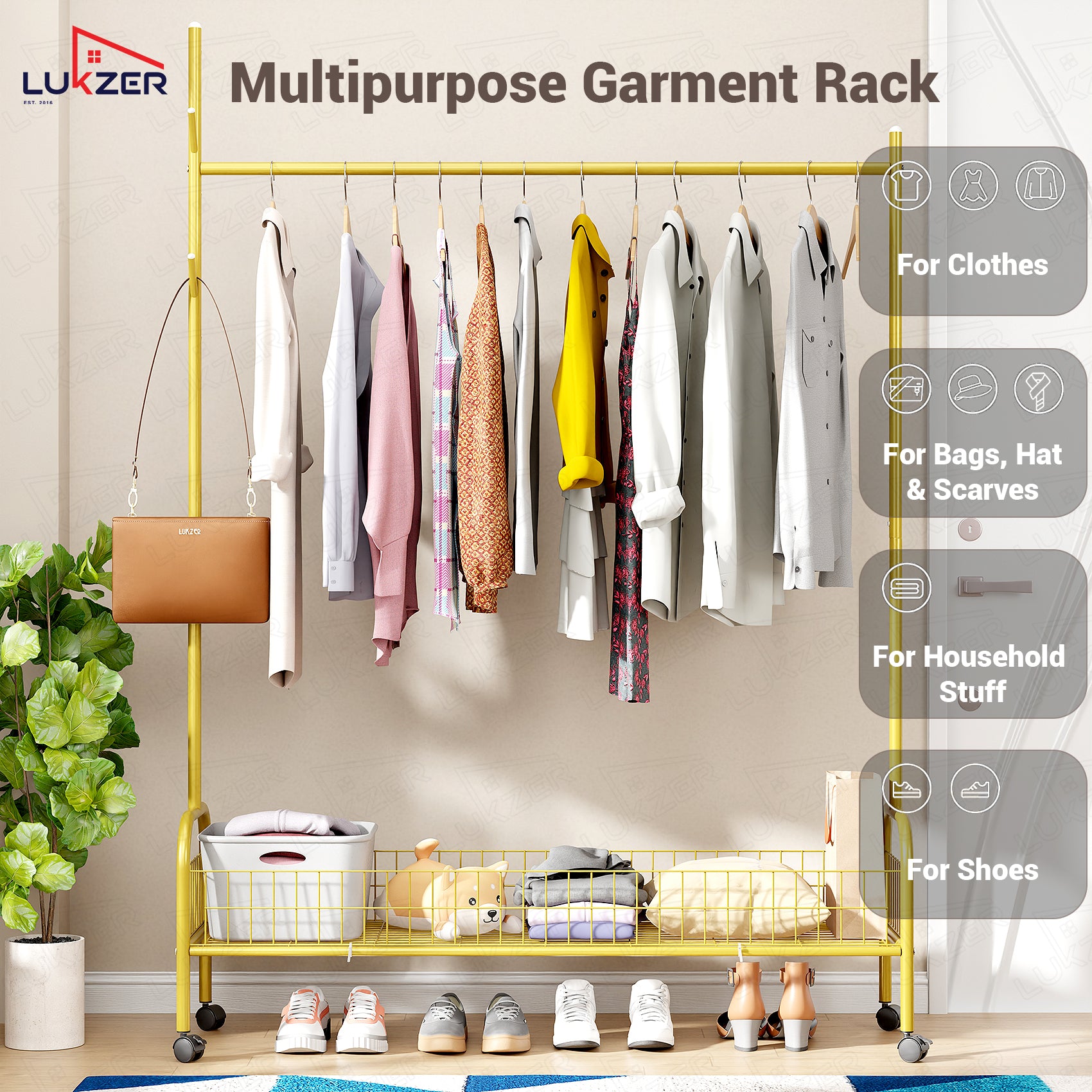 Lukzer Single Rod Garment Rack with Bottom Shelf | Cloth Organizer for Hanging Kurtas, Jackets, Bags in Bedroom, Office, Hostel &amp; More (MGR-003)