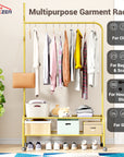 Lukzer Multipurpose Single Pole Metal Garment Rack with Wheels & 2 Bottom Shelves - (MGR-006) (White, Gold, Grey, Pink, Deep Sea, Black)