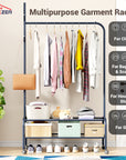 Lukzer Multipurpose Single Pole Metal Garment Rack with Wheels & 2 Bottom Shelves - (MGR-006) (White, Gold, Grey, Pink, Deep Sea, Black)