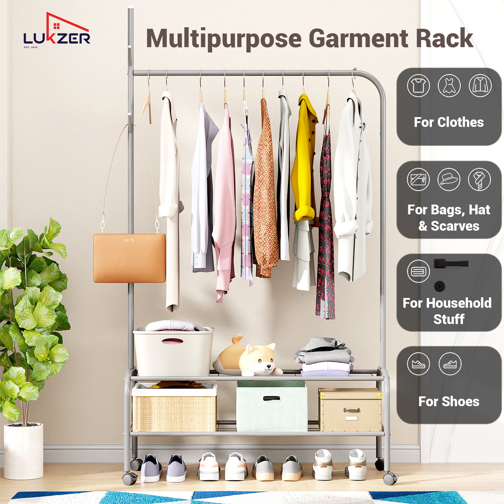 Lukzer Multipurpose Single Pole Metal Garment Rack with Wheels &amp; 2 Bottom Shelves - (MGR-006) (White, Gold, Grey, Pink, Deep Sea, Black)