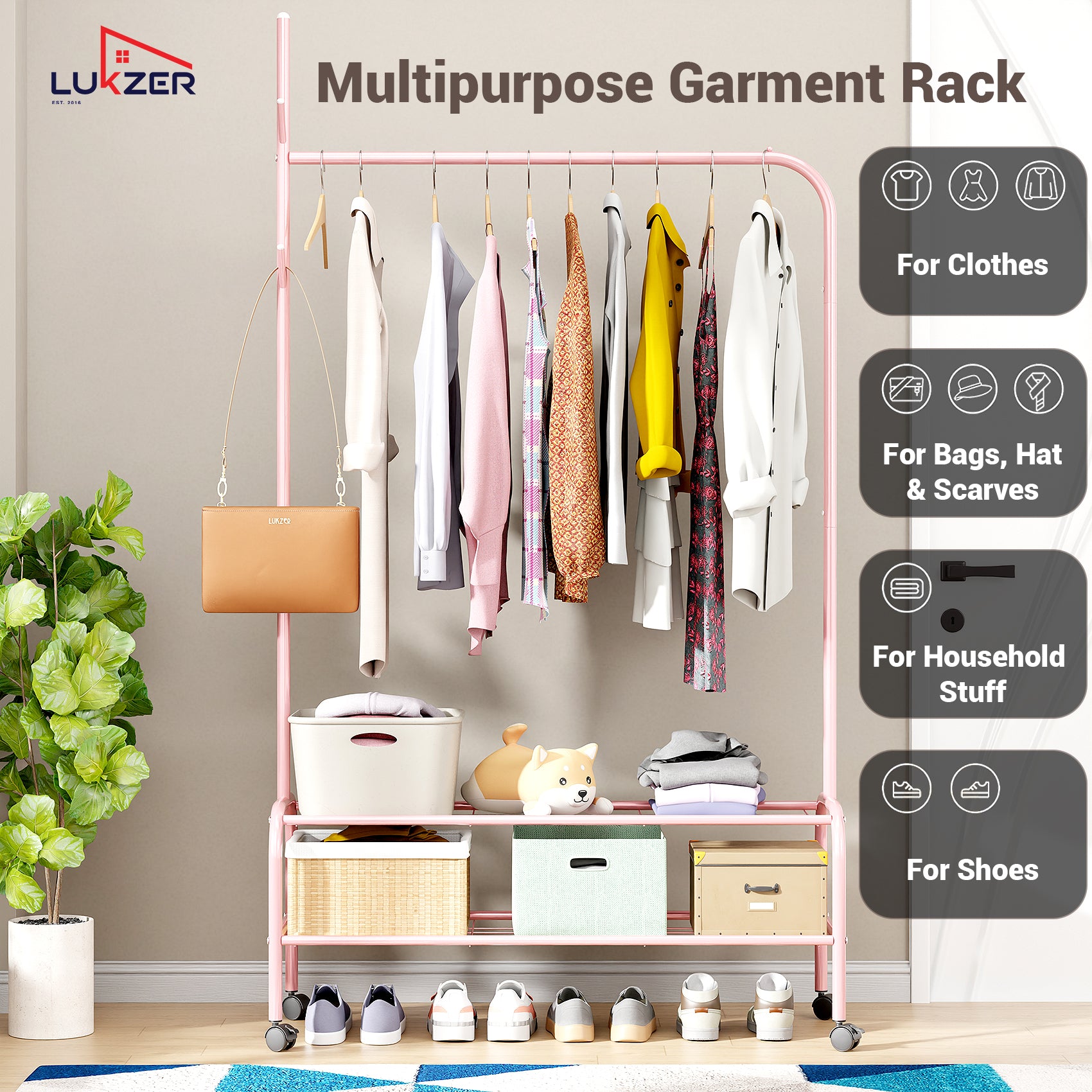 Lukzer Multipurpose Single Pole Metal Garment Rack with Wheels &amp; 2 Bottom Shelves - (MGR-006) (White, Gold, Grey, Pink, Deep Sea, Black)