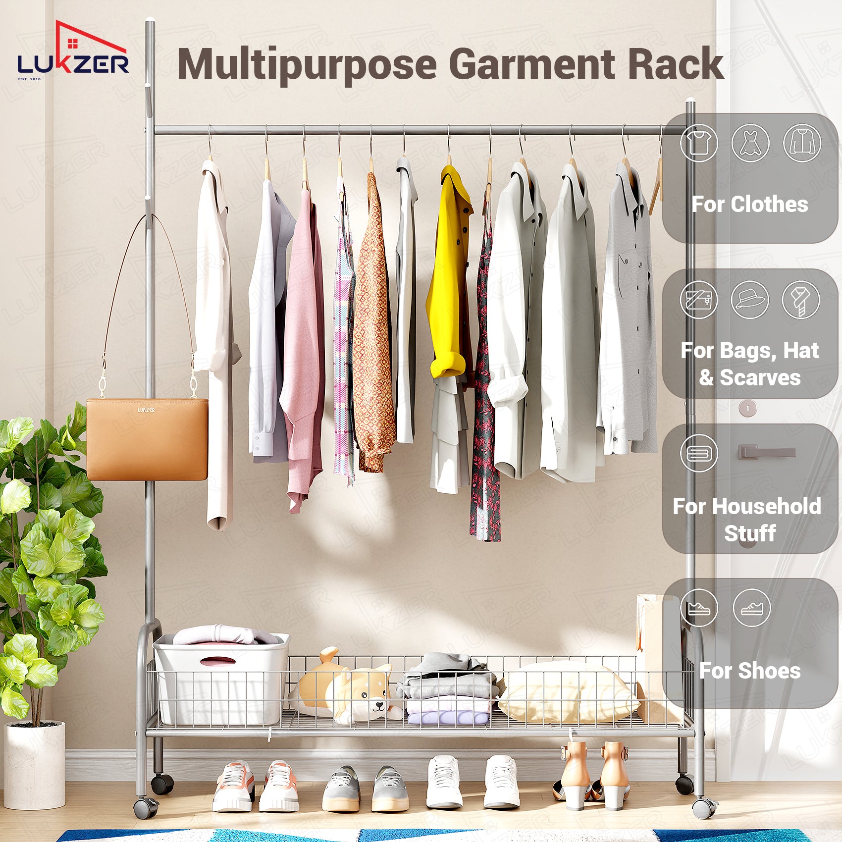 Lukzer Single Rod Garment Rack with Bottom Shelf | Cloth Organizer for Hanging Kurtas, Jackets, Bags in Bedroom, Office, Hostel &amp; More (MGR-003)