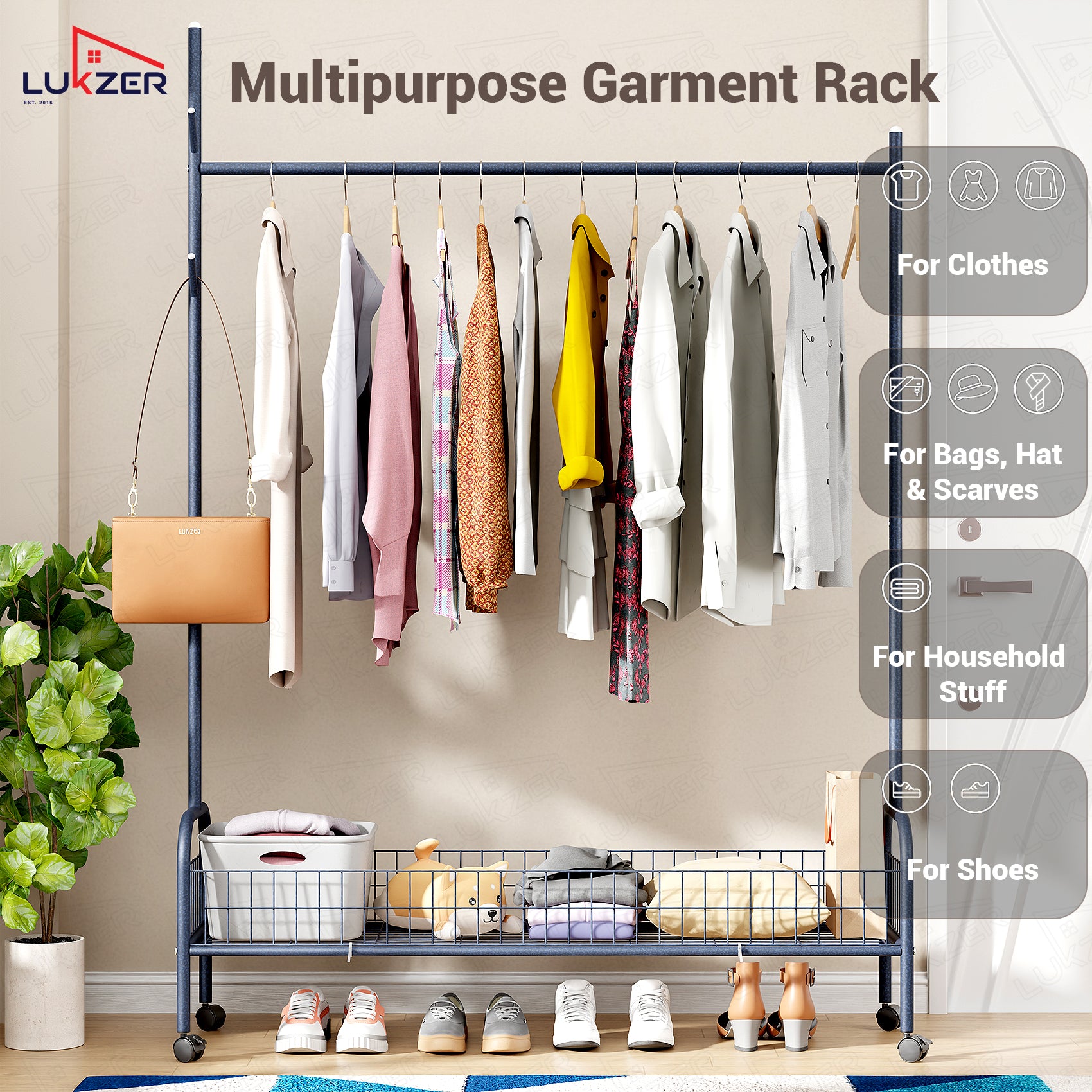 Lukzer Single Rod Garment Rack with Bottom Shelf | Cloth Organizer for Hanging Kurtas, Jackets, Bags in Bedroom, Office, Hostel &amp; More (MGR-003)