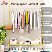Lukzer Single Pole Portable Metal Garment Rack with Bottom Shelf (MGR-007/Gold)