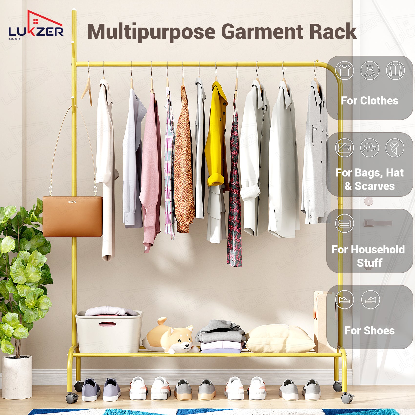 Lukzer Single Pole Portable Metal Garment Rack with Bottom Shelf (MGR-007/Gold)