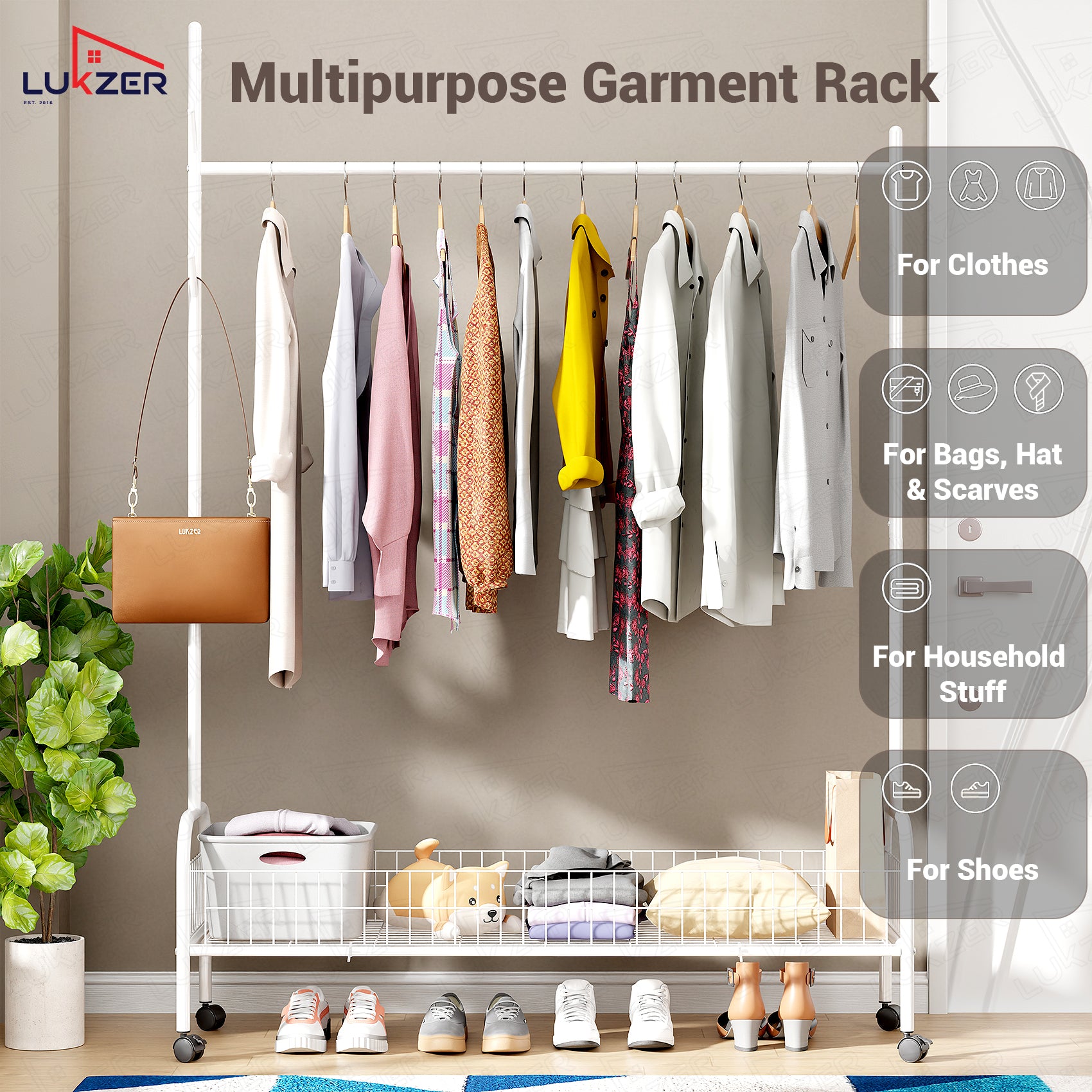 Lukzer Single Rod Garment Rack with Bottom Shelf | Cloth Organizer for Hanging Kurtas, Jackets, Bags in Bedroom, Office, Hostel &amp; More (MGR-003)