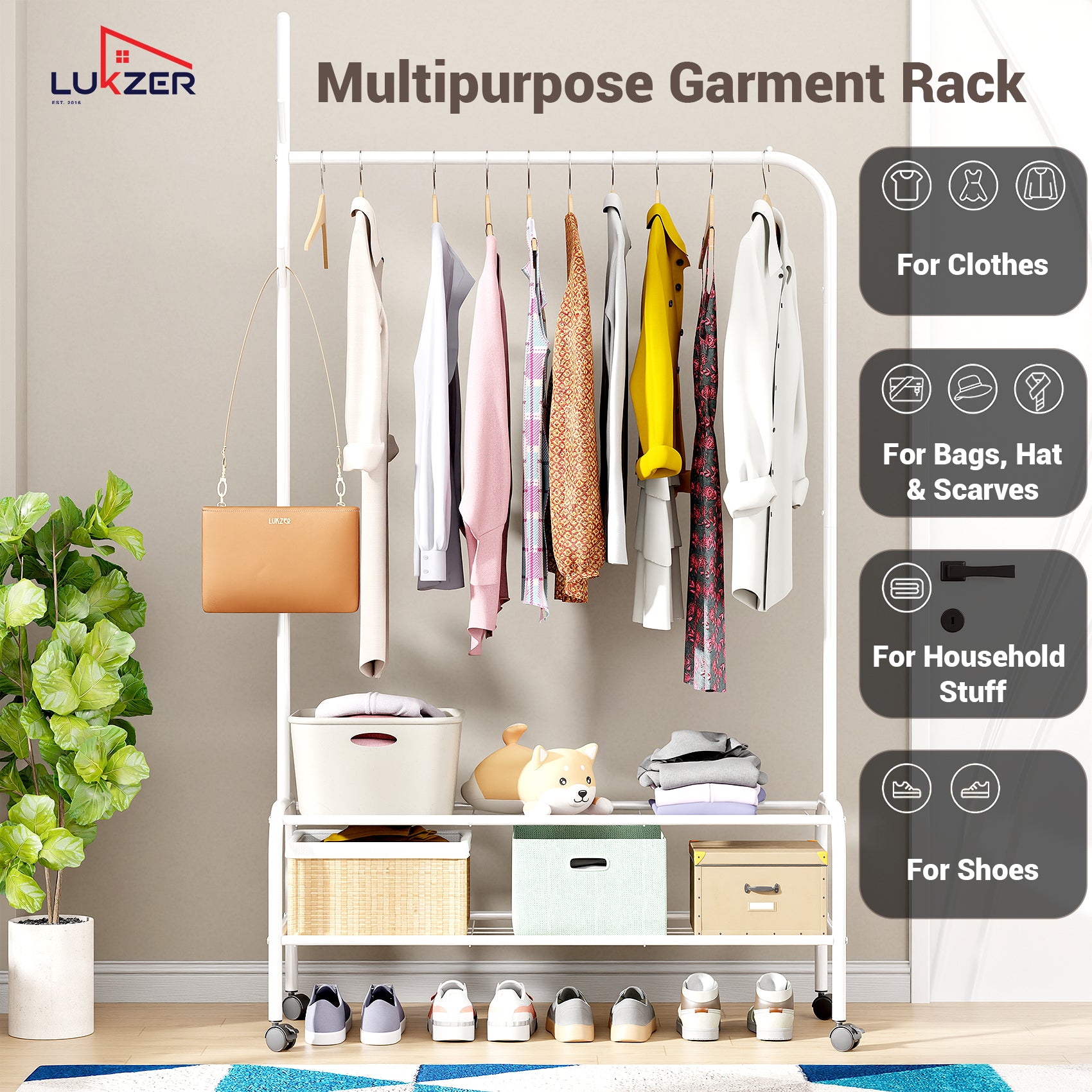 Lukzer Multipurpose Single Pole Metal Garment Rack with Wheels &amp; 2 Bottom Shelves - (MGR-006) (White, Gold, Grey, Pink, Deep Sea, Black)