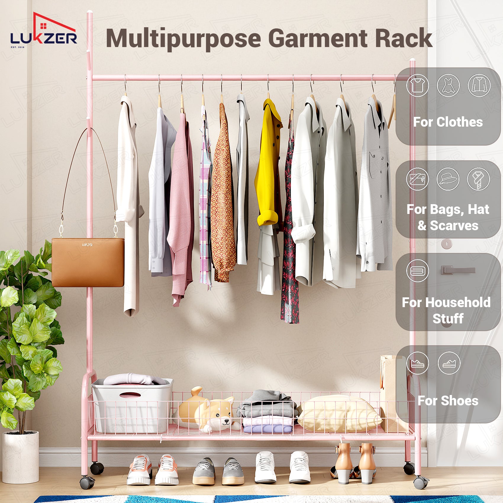 Lukzer Single Rod Garment Rack with Bottom Shelf | Cloth Organizer for Hanging Kurtas, Jackets, Bags in Bedroom, Office, Hostel &amp; More (MGR-003)